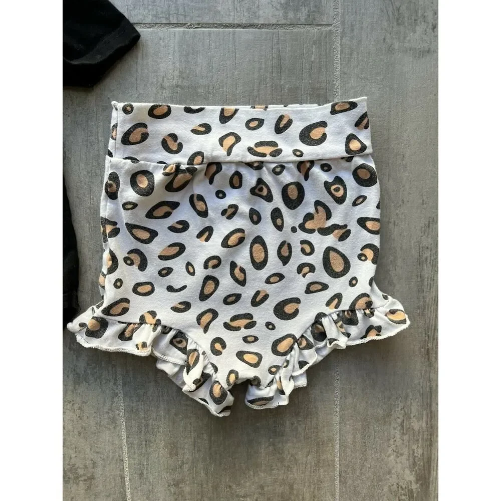 Los Angeles Boutique Black Bodysuit & Cotton Leopard Shorts Set Outfit Cute 18M